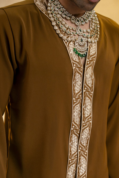 High Neck Embroidered Bandhgala Set In Tan