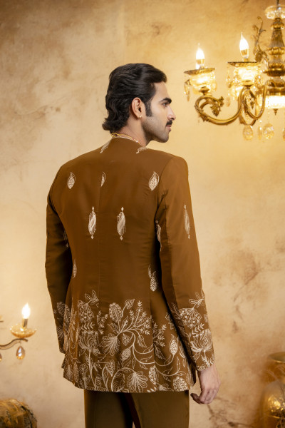High Neck Embroidered Bandhgala Set In Tan