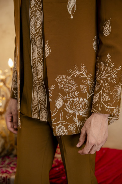 High Neck Embroidered Bandhgala Set In Tan