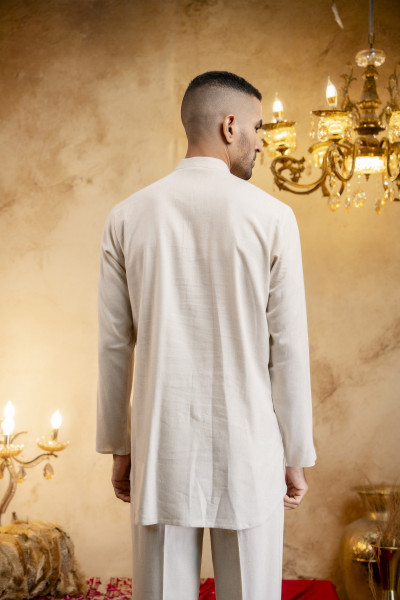 Off White Threaded Short Kurta In Linen