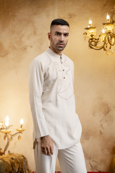 Off White Threaded Short Kurta In Linen