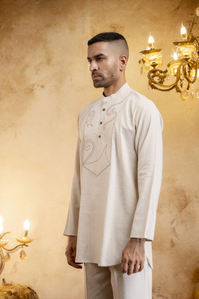 Off White Threaded Short Kurta In Linen