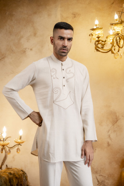 Off White Threaded Short Kurta In Linen