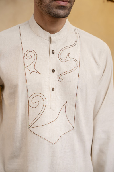 Off White Threaded Short Kurta In Linen
