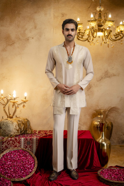 Japanese Flowing V-Neck Kurta In Beige