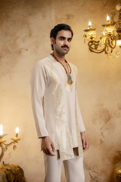 Japanese Flowing V-Neck Kurta In Beige