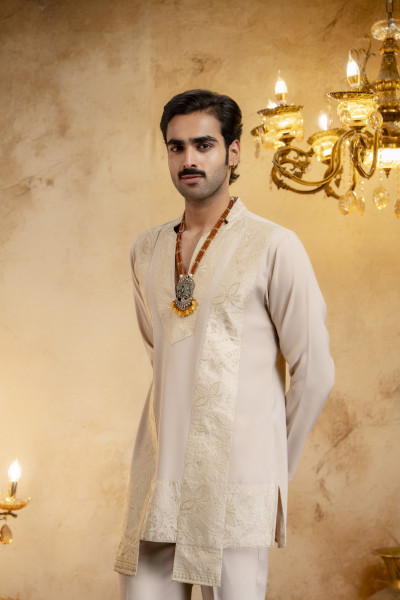 Japanese Flowing V-Neck Kurta In Beige