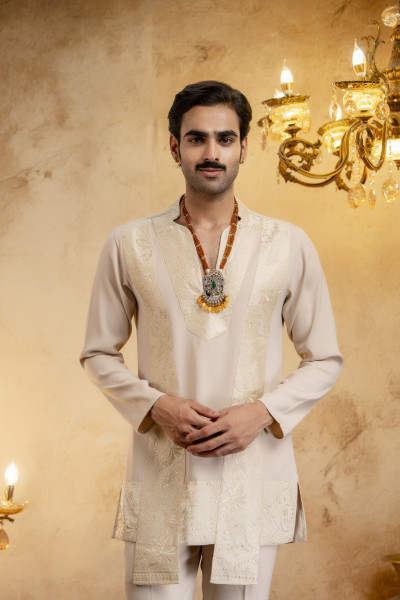 Japanese Flowing V-Neck Kurta In Beige