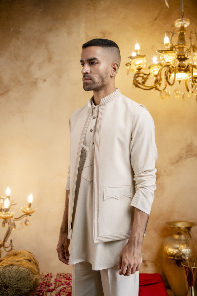 Threaded Open Half Jacket In Off White Linen