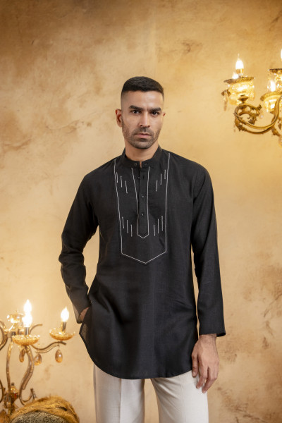 Threaded Linen Short Kurta In Black