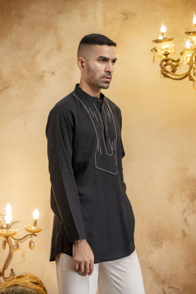 Threaded Linen Short Kurta In Black