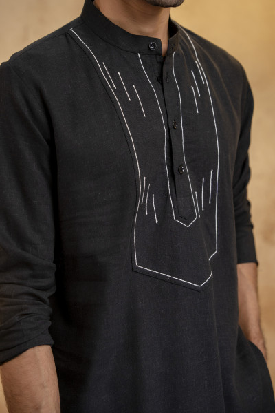 Threaded Linen Short Kurta In Black
