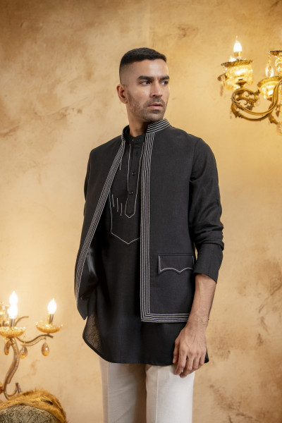 Threaded Open Half Jacket In Black Linen