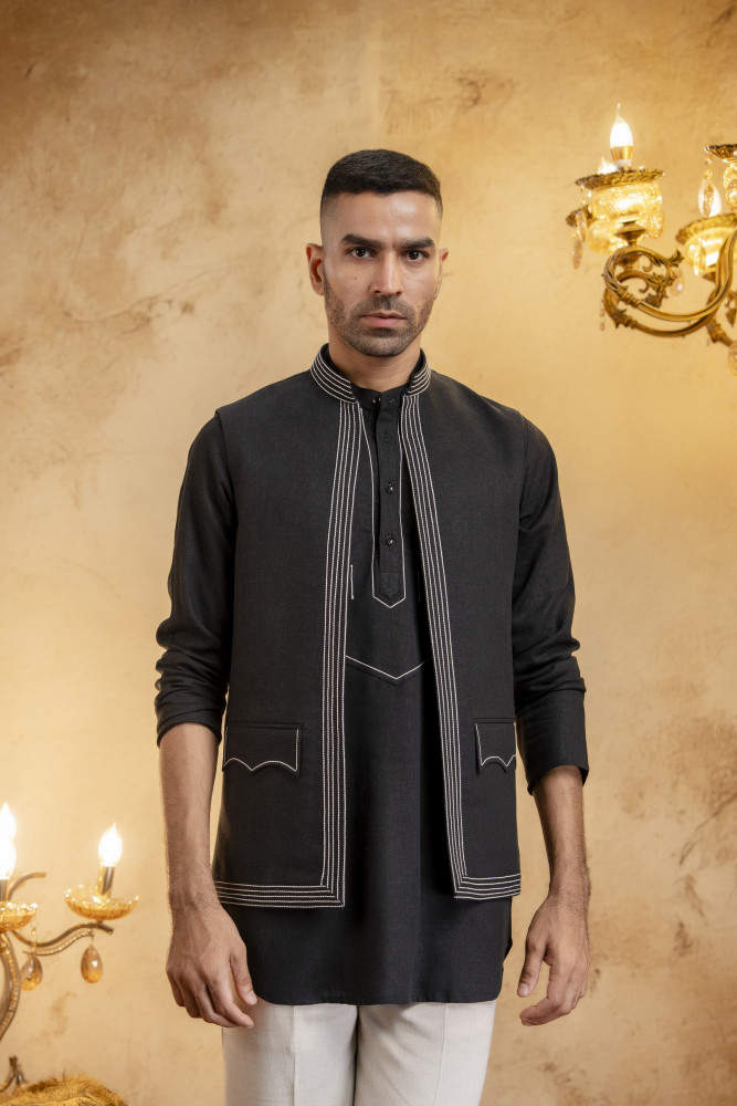 Image of Threaded Open Half Jacket In Black Linen