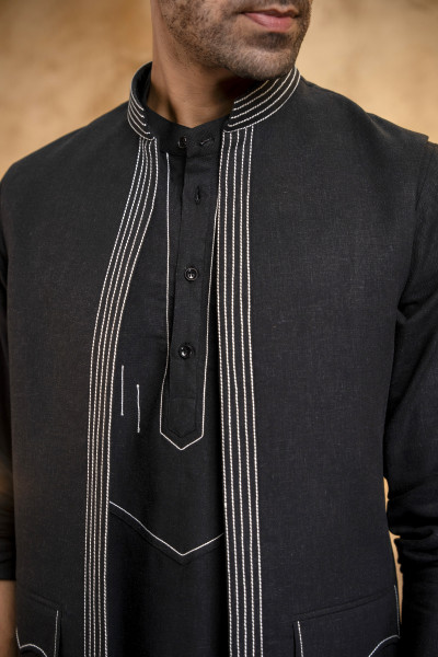 Threaded Open Half Jacket In Black Linen