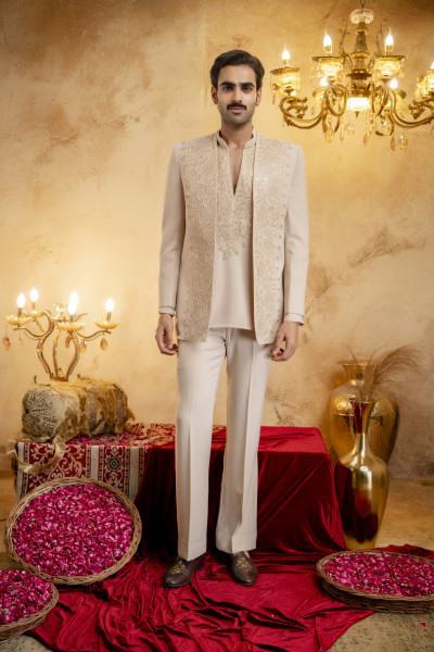 Laced Open Bandhgala Set In Beige