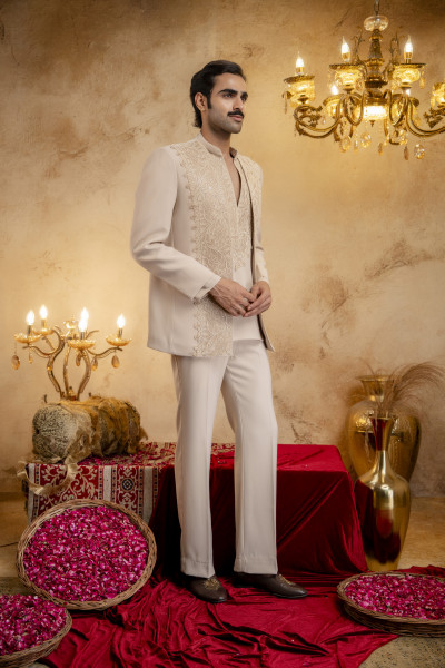 Laced Open Bandhgala Set In Beige