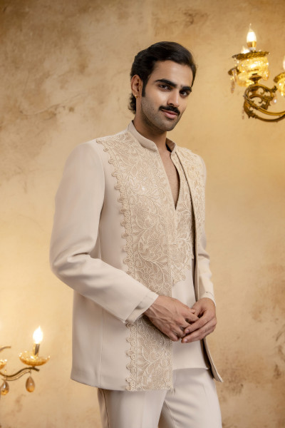 Laced Open Bandhgala Set In Beige