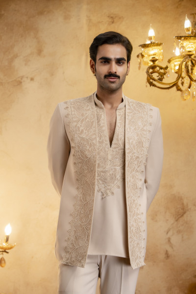 Laced Open Bandhgala Set In Beige