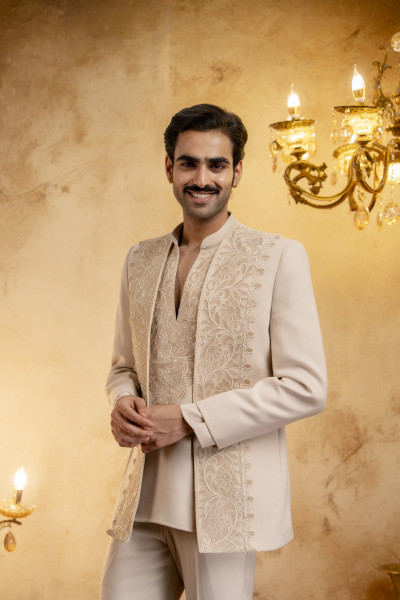 Laced Open Bandhgala Set In Beige