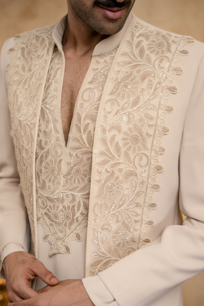 Laced Open Bandhgala Set In Beige