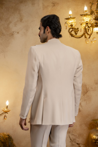 Laced Open Bandhgala Set In Beige