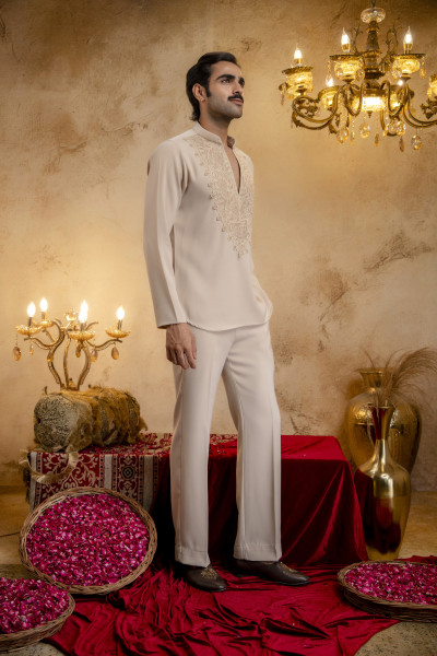 Laced Open Bandhgala Set In Beige