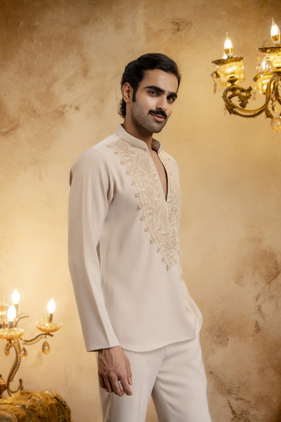 Laced Open Bandhgala Set In Beige