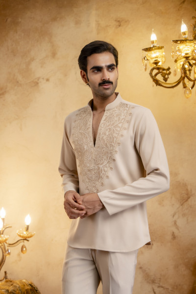 Laced Open Bandhgala Set In Beige