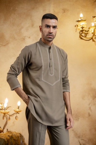 Threaded Linen Short Kurta In Olive