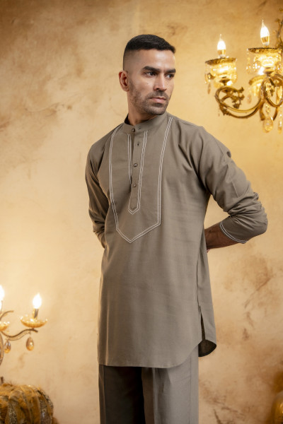 Threaded Linen Short Kurta In Olive