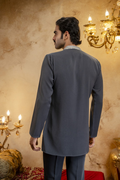 Japanese Motif V Neck Kurta In Grey