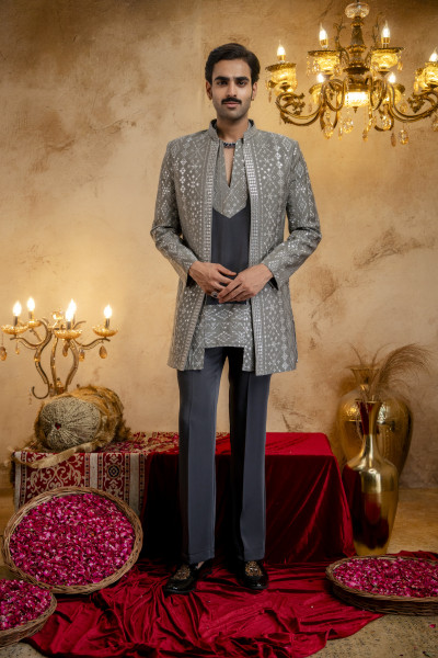 Sequin Embroidered Open Bandhgala In Grey