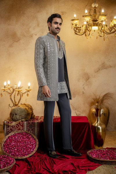 Sequin Embroidered Open Bandhgala In Grey