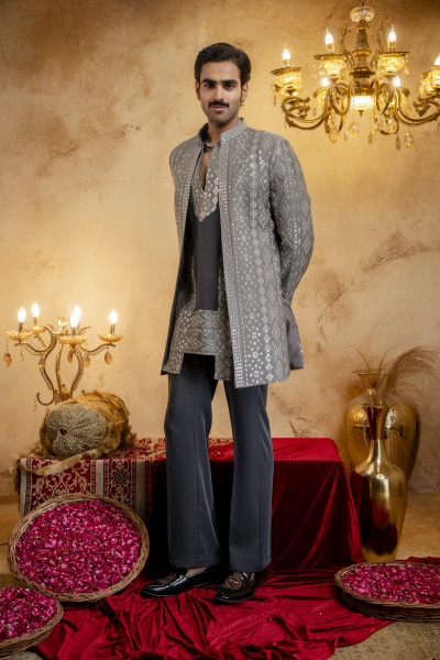 Sequin Embroidered Open Bandhgala In Grey
