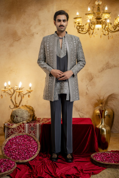 Sequin Embroidered Open Bandhgala In Grey