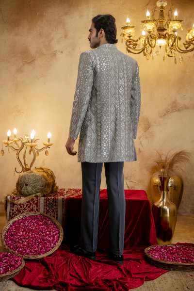 Sequin Embroidered Open Bandhgala In Grey