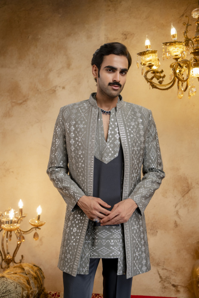 Image of Sequin Embroidered Open Bandhgala In Grey