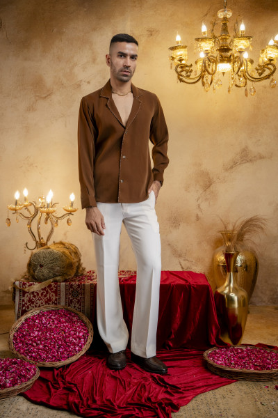Threaded Lapelled Shirt In Tan