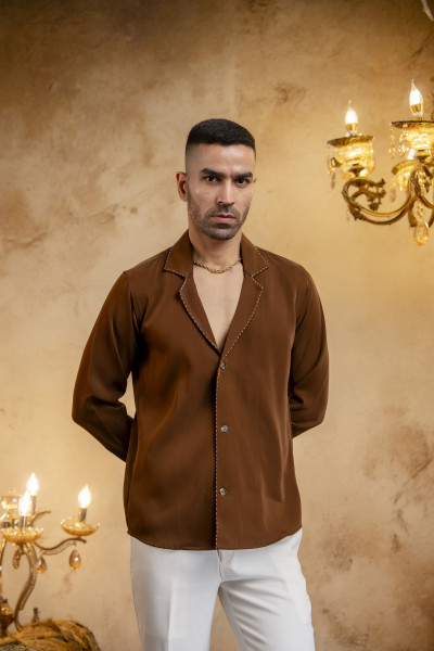 Threaded Lapelled Shirt In Tan