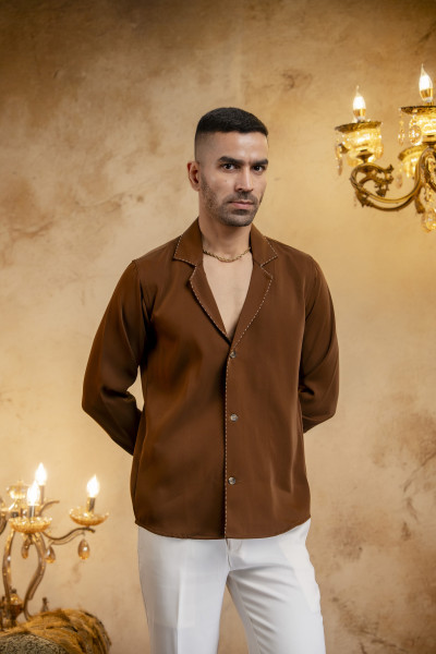 Threaded Lapelled Shirt In Tan