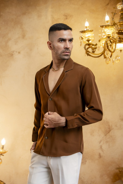 Threaded Lapelled Shirt In Tan