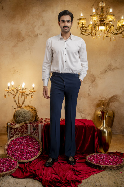 Threaded Bootcut Gurkha Pants In Blue