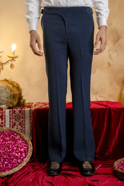 Threaded Bootcut Gurkha Pants In Blue