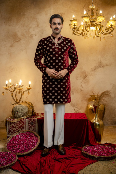 Red Velvet Foil Embroidered Kurta