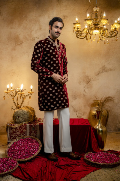 Red Velvet Foil Embroidered Kurta
