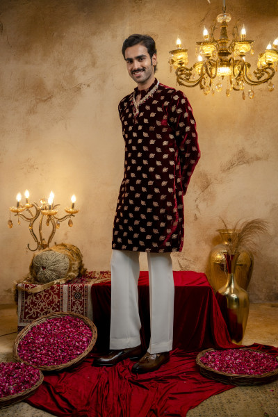 Red Velvet Foil Embroidered Kurta