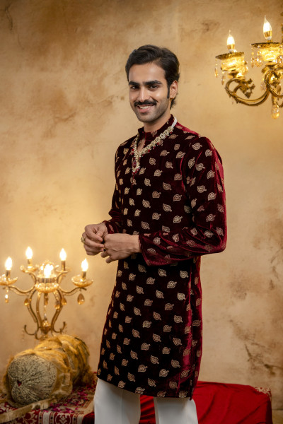 Red Velvet Foil Embroidered Kurta