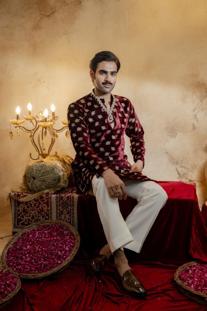 Image of Red Velvet Foil Embroidered Kurta