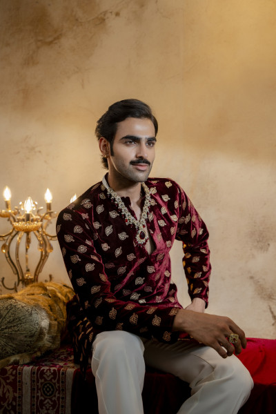 Red Velvet Foil Embroidered Kurta